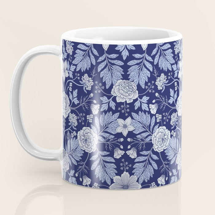 Light Blue, Cobalt Blue, & White Floral Pattern Coffee Mug Gallery Image 3