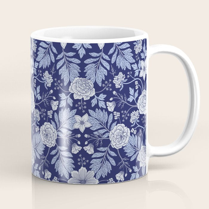 Light Blue, Cobalt Blue, & White Floral Pattern Coffee Mug Gallery Image 1