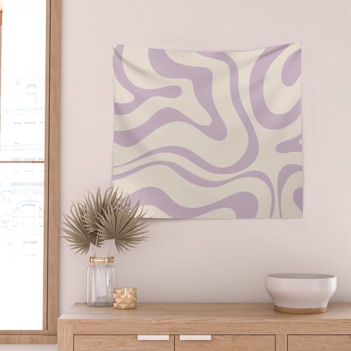 Modern Retro Liquid Swirl Abstract Pattern Square in Light Lavender Cream  Wall Tapestry Gallery Image 2