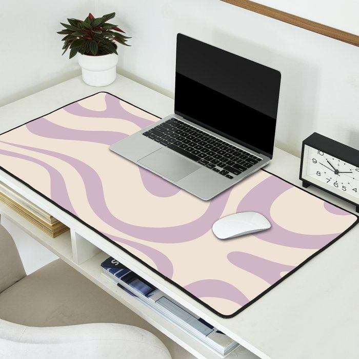 Modern Retro Liquid Swirl Abstract Pattern Square in Light Lavender Cream  Desk Mat Gallery Image 2