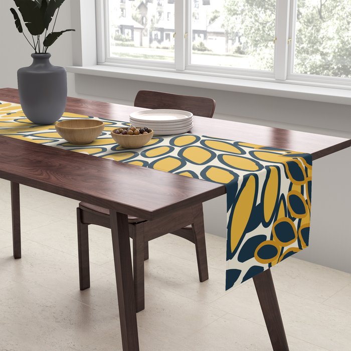 Floral Prints, Abstract Art, Navy Blue and Mustard Yellow, Table Runner Gallery Image 2