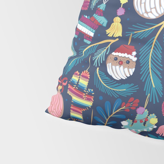 Mexican Christmas Tree // blue background blue pine leaves multicoloured holiday decorations pan dulce balls cacti hearts birds pom-pom garland pinatas santa claus conchas donuts Pillow Sham Gallery Image 4