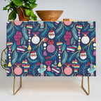 Mexican Christmas Tree // blue background blue pine leaves multicoloured holiday decorations pan dulce balls cacti hearts birds pom-pom garland pinatas santa claus conchas donuts Credenza Gallery Image 1