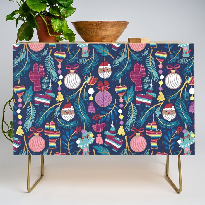 Mexican Christmas Tree // blue background blue pine leaves multicoloured holiday decorations pan dulce balls cacti hearts birds pom-pom garland pinatas santa claus conchas donuts Credenza Gallery Image 1