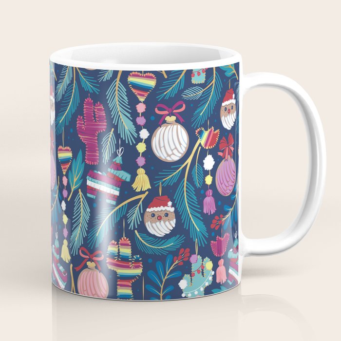 Mexican Christmas Tree // blue background blue pine leaves multicoloured holiday decorations pan dulce balls cacti hearts birds pom-pom garland pinatas santa claus conchas donuts Coffee Mug Gallery Image 1