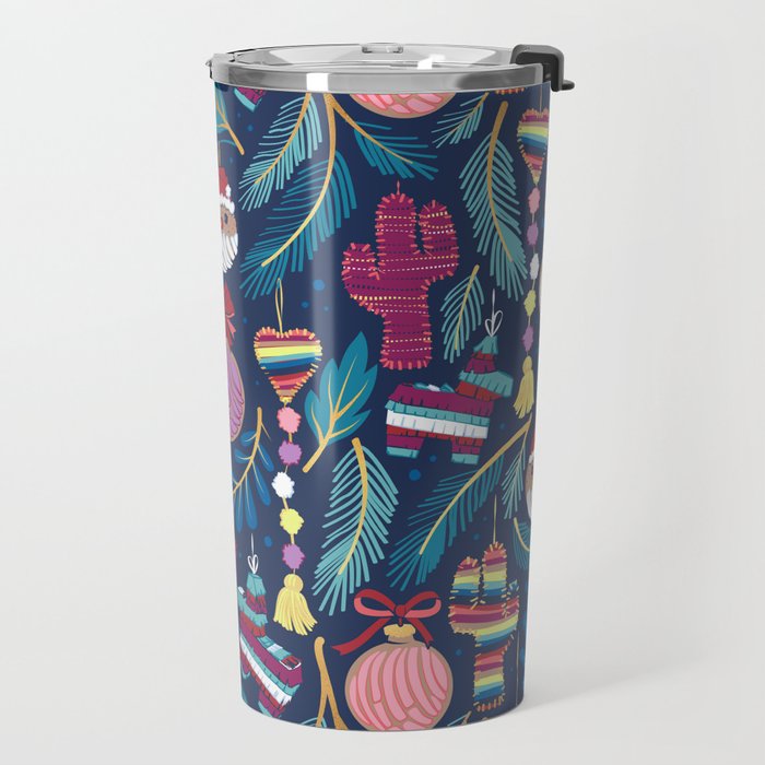 Mexican Christmas Tree // blue background blue pine leaves multicoloured holiday decorations pan dulce balls cacti hearts birds pom-pom garland pinatas santa claus conchas donuts Travel Mug Gallery Image 2
