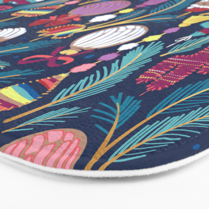 Mexican Christmas Tree // blue background blue pine leaves multicoloured holiday decorations pan dulce balls cacti hearts birds pom-pom garland pinatas santa claus conchas donuts Bath Mat Gallery Image 3