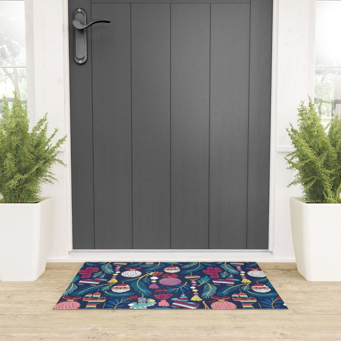 Mexican Christmas Tree // blue background blue pine leaves multicoloured holiday decorations pan dulce balls cacti hearts birds pom-pom garland pinatas santa claus conchas donuts Welcome Mat Gallery Image 3