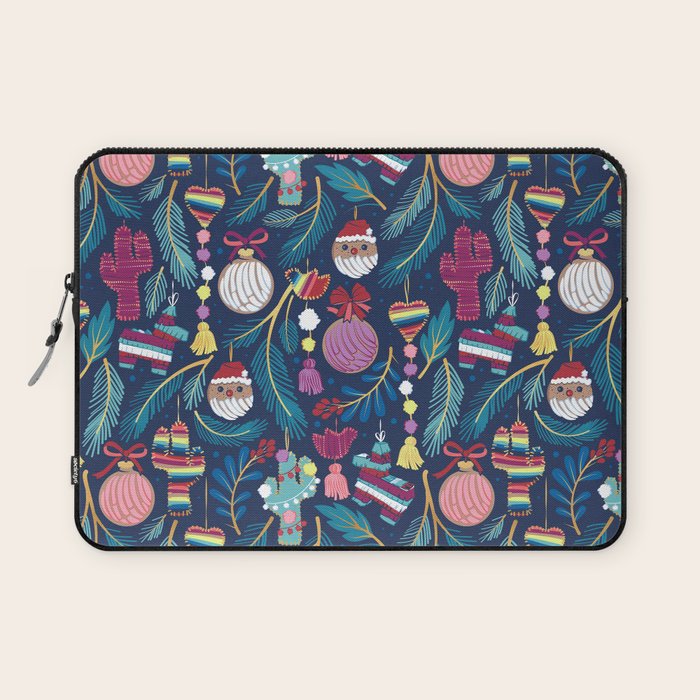 Mexican Christmas Tree // blue background blue pine leaves multicoloured holiday decorations pan dulce balls cacti hearts birds pom-pom garland pinatas santa claus conchas donuts Laptop Sleeve Gallery Image 1