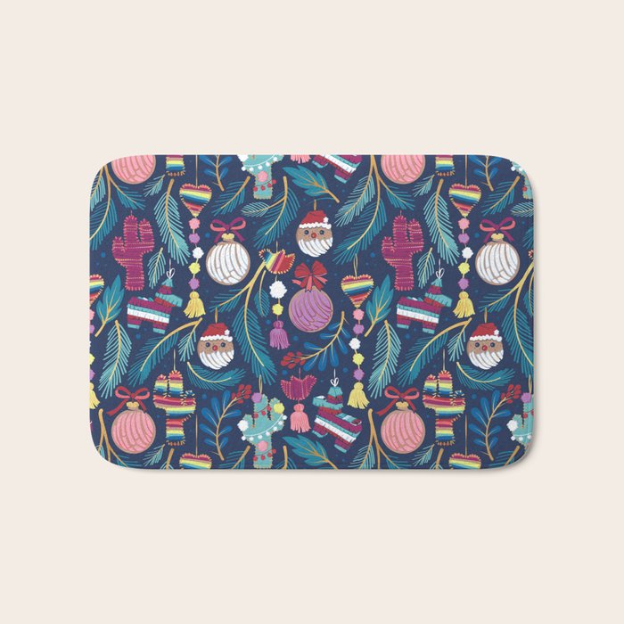 Mexican Christmas Tree // blue background blue pine leaves multicoloured holiday decorations pan dulce balls cacti hearts birds pom-pom garland pinatas santa claus conchas donuts Bath Mat Gallery Image 1
