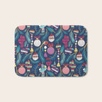 Mexican Christmas Tree // blue background blue pine leaves multicoloured holiday decorations pan dulce balls cacti hearts birds pom-pom garland pinatas santa claus conchas donuts Bath Mat Gallery Image 1