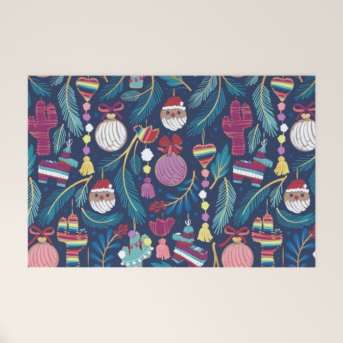 Mexican Christmas Tree // blue background blue pine leaves multicoloured holiday decorations pan dulce balls cacti hearts birds pom-pom garland pinatas santa claus conchas donuts Welcome Mat Gallery Image 1