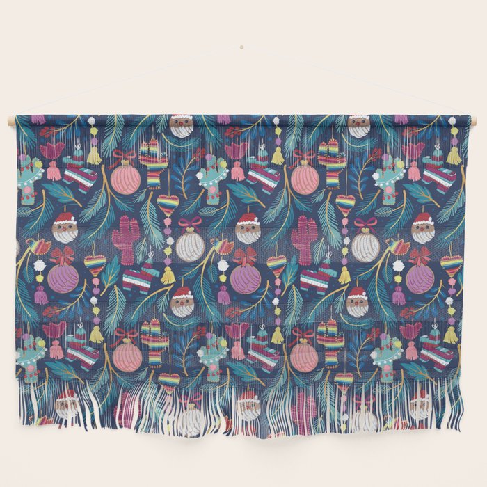 Mexican Christmas Tree // blue background blue pine leaves multicoloured holiday decorations pan dulce balls cacti hearts birds pom-pom garland pinatas santa claus conchas donuts Wall Hanging Gallery Image 1