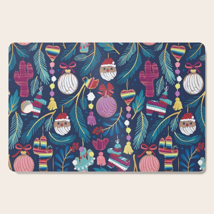 Mexican Christmas Tree // blue background blue pine leaves multicoloured holiday decorations pan dulce balls cacti hearts birds pom-pom garland pinatas santa claus conchas donuts Cutting Board Gallery Image 1