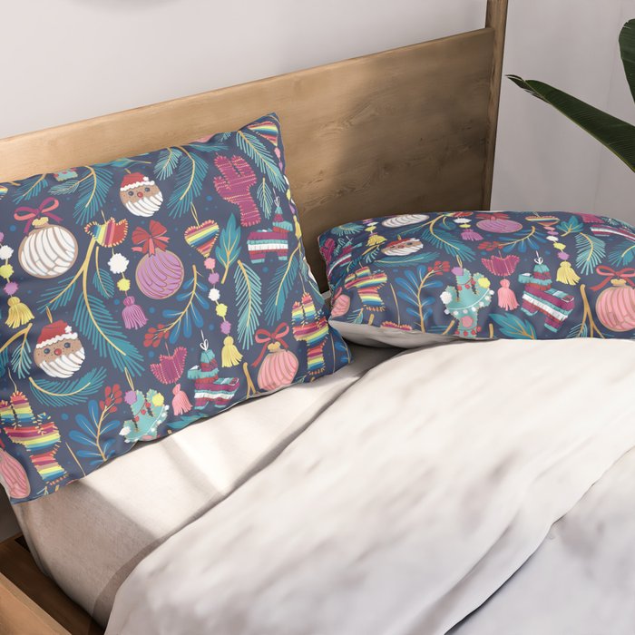 Mexican Christmas Tree // blue background blue pine leaves multicoloured holiday decorations pan dulce balls cacti hearts birds pom-pom garland pinatas santa claus conchas donuts Pillow Sham Gallery Image 2