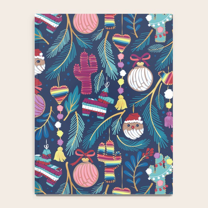 Mexican Christmas Tree // blue background blue pine leaves multicoloured holiday decorations pan dulce balls cacti hearts birds pom-pom garland pinatas santa claus conchas donuts Notebook Gallery Image 4