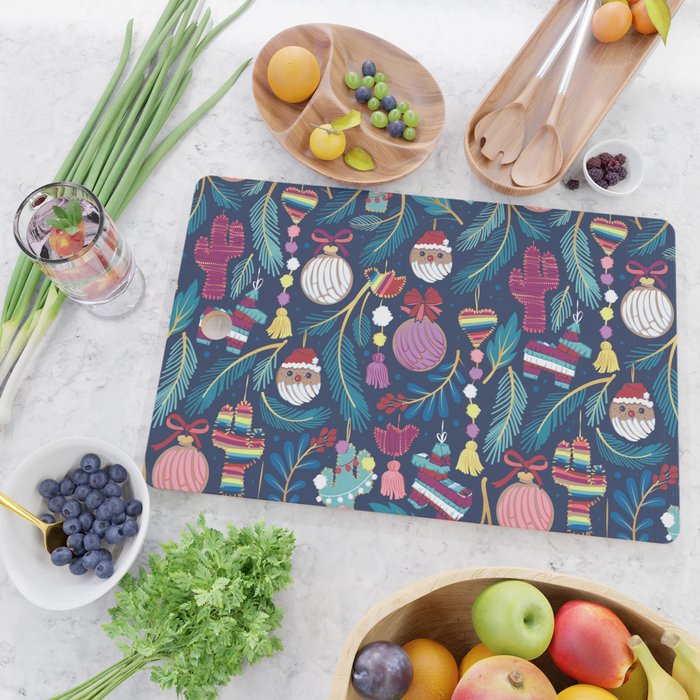 Mexican Christmas Tree // blue background blue pine leaves multicoloured holiday decorations pan dulce balls cacti hearts birds pom-pom garland pinatas santa claus conchas donuts Cutting Board Gallery Image 2