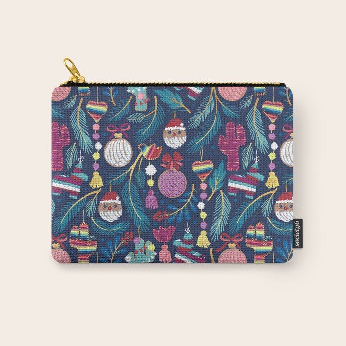 Mexican Christmas Tree // blue background blue pine leaves multicoloured holiday decorations pan dulce balls cacti hearts birds pom-pom garland pinatas santa claus conchas donuts Carry All Pouch Gallery Image 1