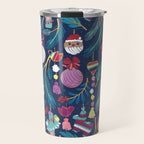 Mexican Christmas Tree // blue background blue pine leaves multicoloured holiday decorations pan dulce balls cacti hearts birds pom-pom garland pinatas santa claus conchas donuts Travel Mug Gallery Image 1