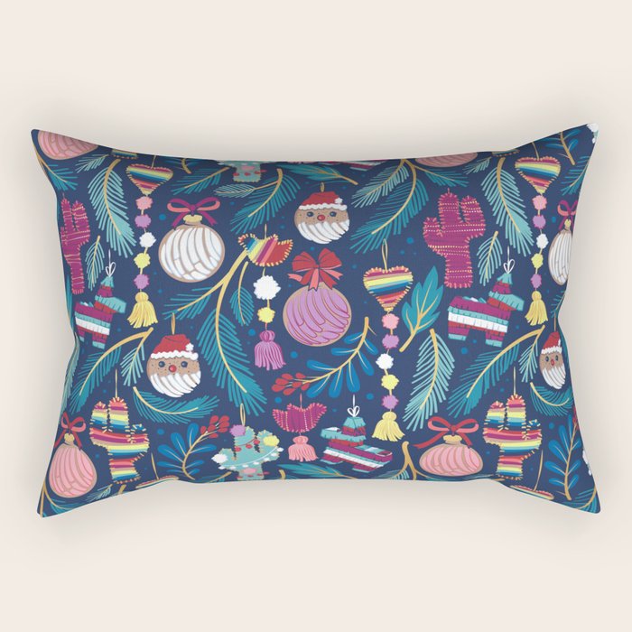 Mexican Christmas Tree // blue background blue pine leaves multicoloured holiday decorations pan dulce balls cacti hearts birds pom-pom garland pinatas santa claus conchas donuts Rectangular Pillow Gallery Image 2