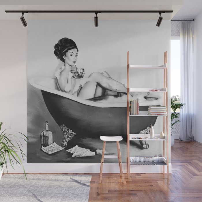 Cocktails In The Bath: Black & White Version Wall Mural Gallery Image 1
