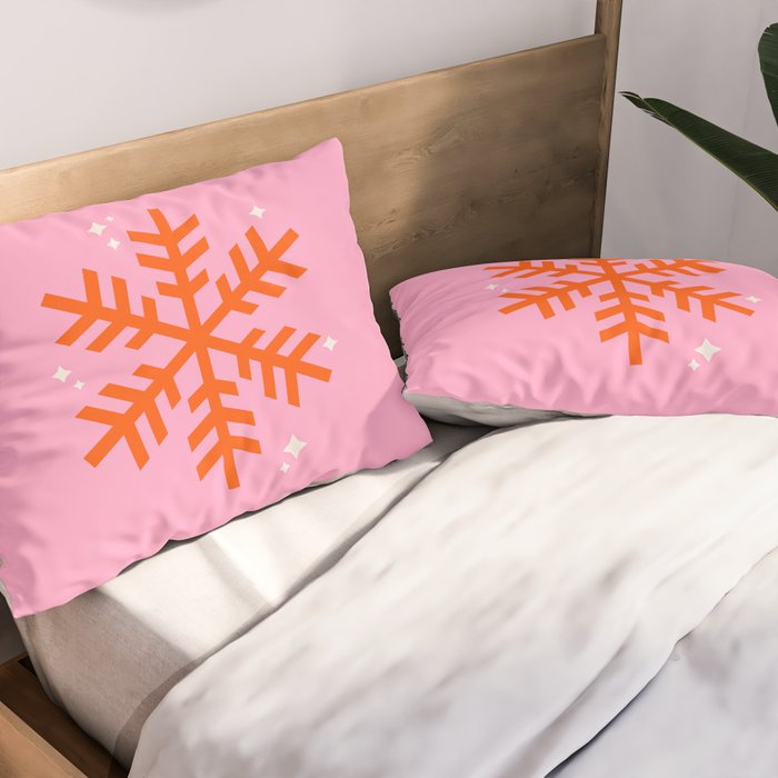 Christmas Print Snowflake Pink And Orange Holiday Decorations Festive Modern Decor Pillow Sham Gallery Image 2