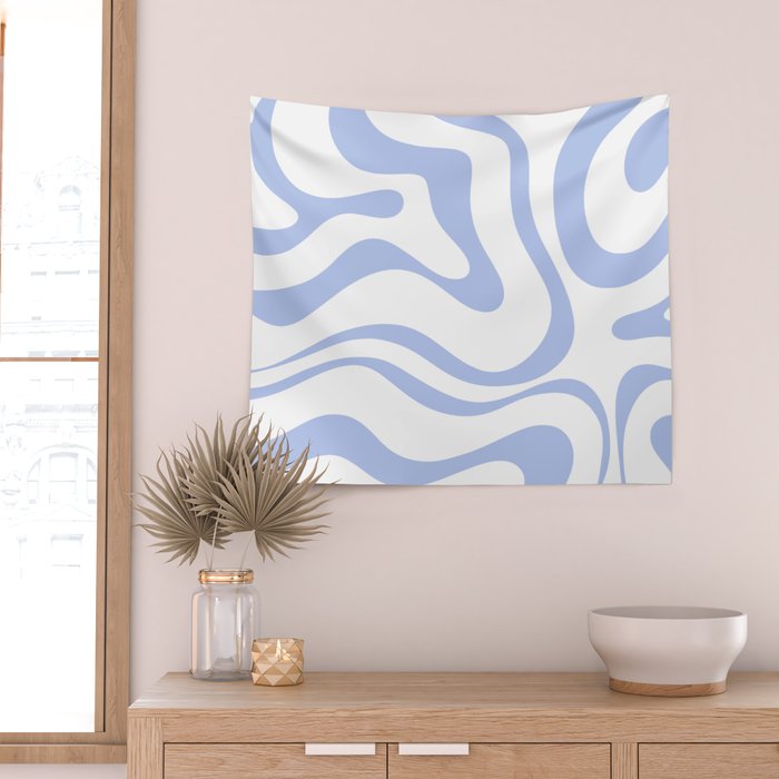Modern Liquid Swirl Abstract Square in White and Light Blue Periwinkle  Wall Tapestry Gallery Image 2