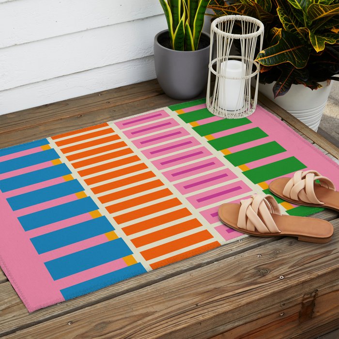 Bold and Colorful Block Stripes Pink Orange Blue Green Outdoor Rug Gallery Image 2