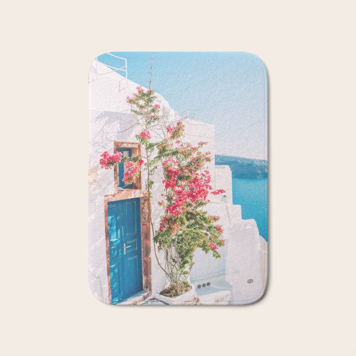 Blue Door in Santorini - Greece Travel Photography - Summer Island Bath Mat Gallery Image 1