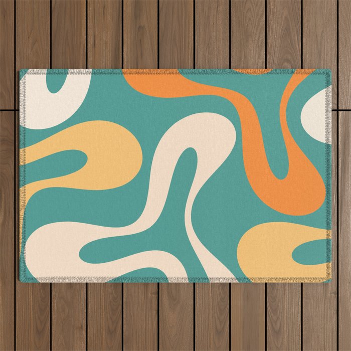 Soft Curves Retro Modern Abstract Pattern Teal Orange Yellow Outdoor Rug Gallery Image 1