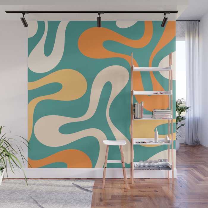 Soft Curves Retro Modern Abstract Pattern Teal Orange Yellow Wall Mural Gallery Image 1