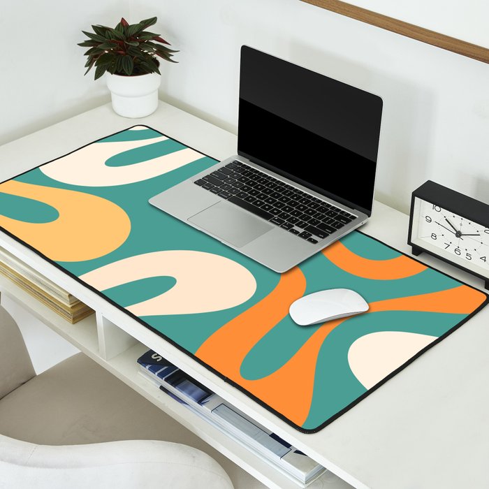 Soft Curves Retro Modern Abstract Pattern Teal Orange Yellow Desk Mat Gallery Image 2