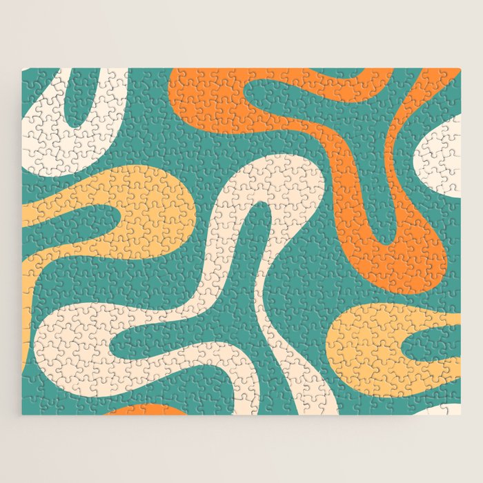 Soft Curves Retro Modern Abstract Pattern Teal Orange Yellow Jigsaw Puzzle Gallery Image 1