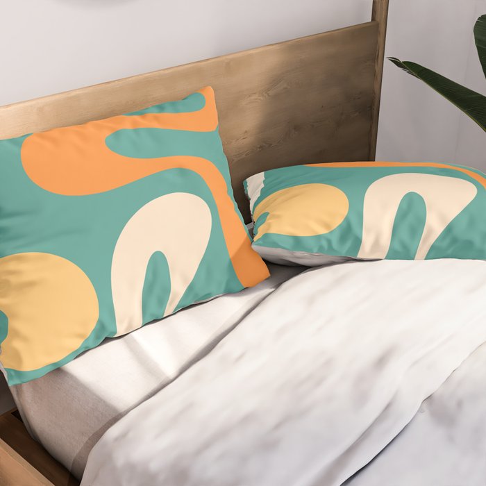 Soft Curves Retro Modern Abstract Pattern Teal Orange Yellow Pillow Sham Gallery Image 2