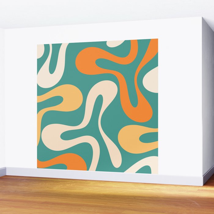 Soft Curves Retro Modern Abstract Pattern Teal Orange Yellow Wall Mural Gallery Image 2