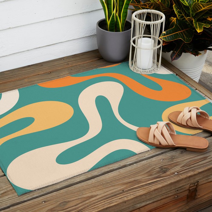 Soft Curves Retro Modern Abstract Pattern Teal Orange Yellow Outdoor Rug Gallery Image 2