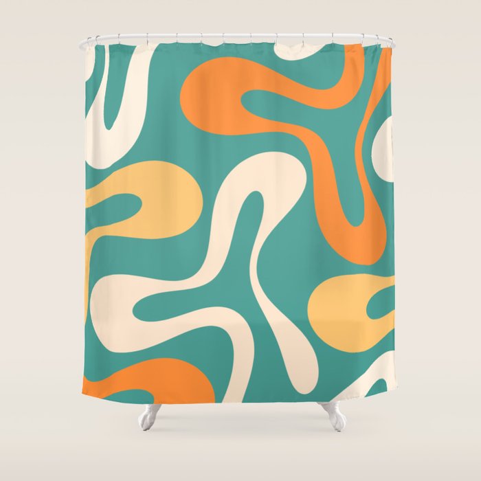 Soft Curves Retro Modern Abstract Pattern Teal Orange Yellow Shower Curtain Gallery Image 1