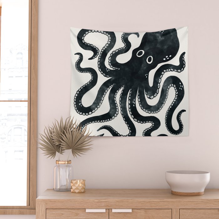 Minoan Octopus - Black Ink Wall Tapestry Gallery Image 2
