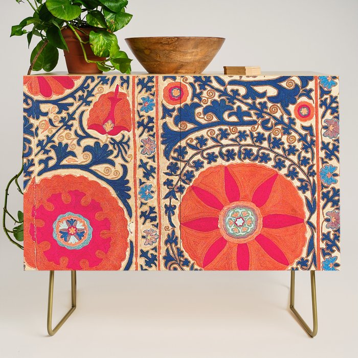 Antique Uzbekistan Kermina Suzani Red Orange Blue kilim Credenza Gallery Image 1