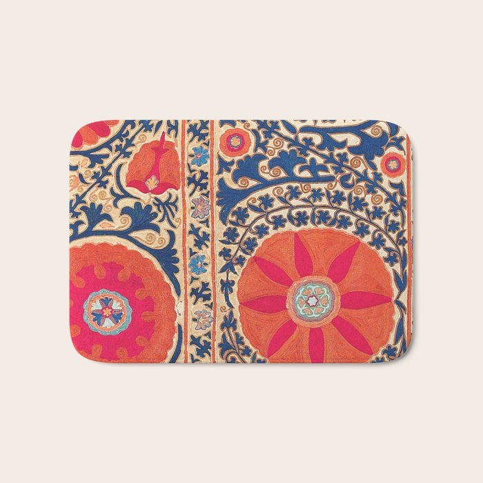 Antique Uzbekistan Kermina Suzani Red Orange Blue kilim Bath Mat Gallery Image 1