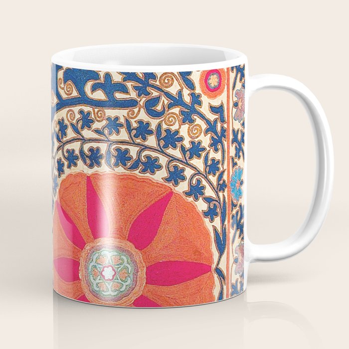 Antique Uzbekistan Kermina Suzani Red Orange Blue kilim Coffee Mug Gallery Image 1