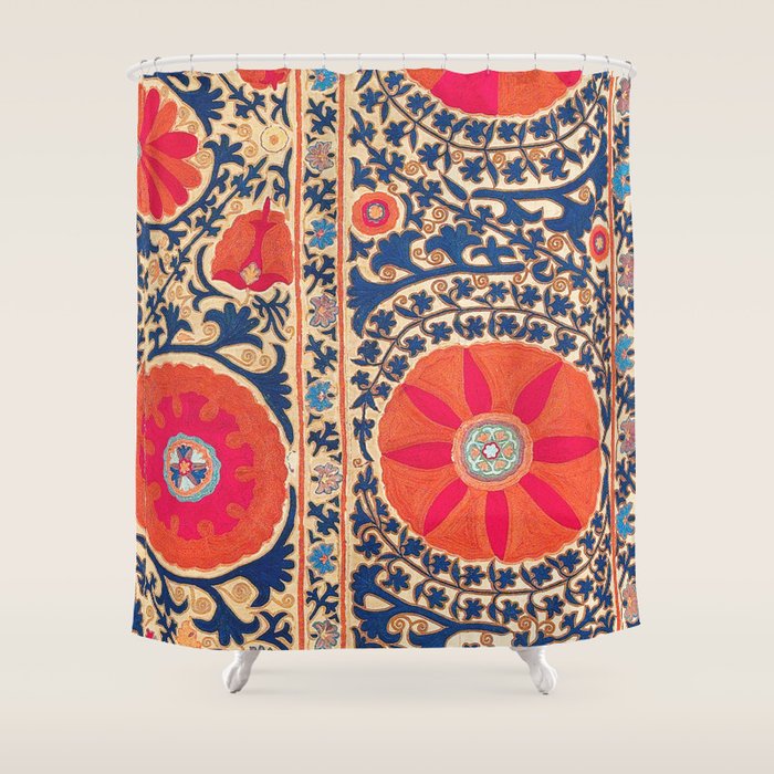 Antique Uzbekistan Kermina Suzani Red Orange Blue kilim Shower Curtain Gallery Image 1