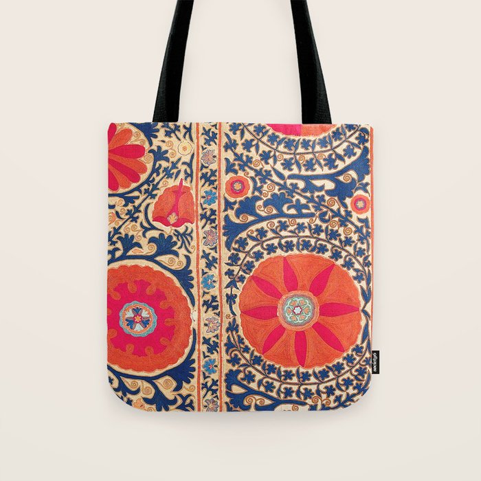 Antique Uzbekistan Kermina Suzani Red Orange Blue kilim Tote Bag Gallery Image 1
