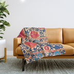 Antique Uzbekistan Kermina Suzani Red Orange Blue kilim Throw Blanket Gallery Image 1