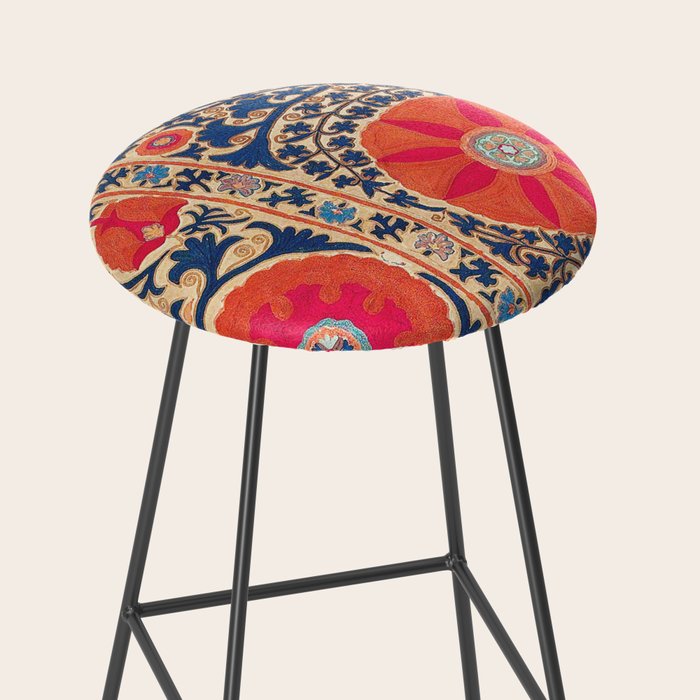 Antique Uzbekistan Kermina Suzani Red Orange Blue kilim Stool Gallery Image 2