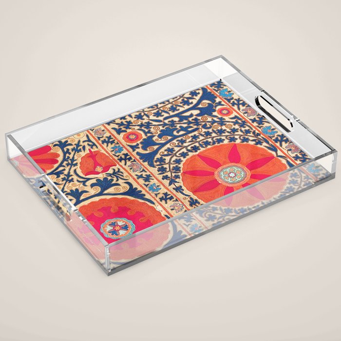 Antique Uzbekistan Kermina Suzani Red Orange Blue kilim Acrylic Tray Gallery Image 1