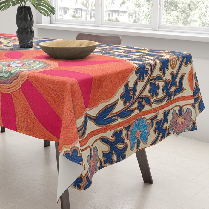 Antique Uzbekistan Kermina Suzani Red Orange Blue kilim Tablecloth Gallery Image 3