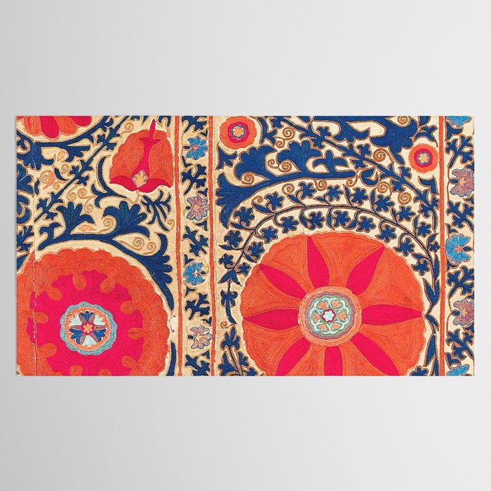 Antique Uzbekistan Kermina Suzani Red Orange Blue kilim Tablecloth Gallery Image 2