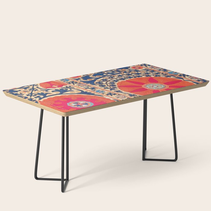 Antique Uzbekistan Kermina Suzani Red Orange Blue kilim Coffee Table Gallery Image 1