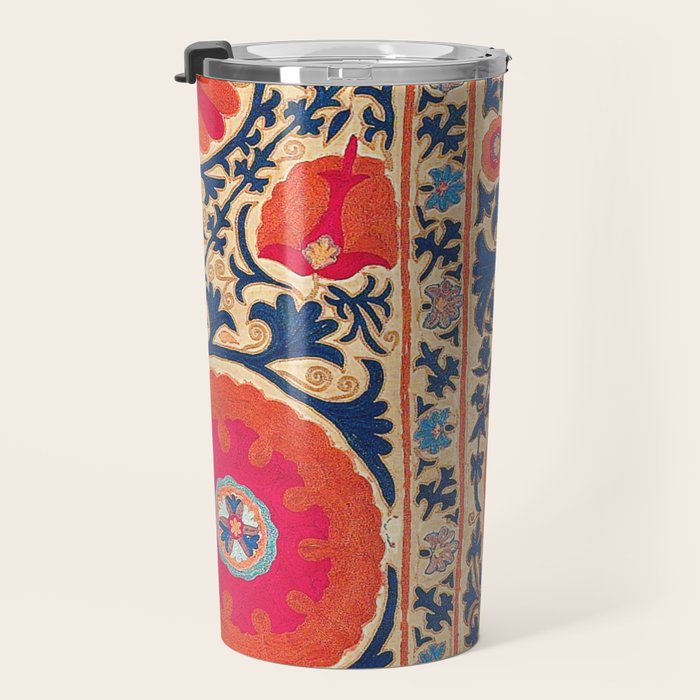 Antique Uzbekistan Kermina Suzani Red Orange Blue kilim Travel Mug Gallery Image 3
